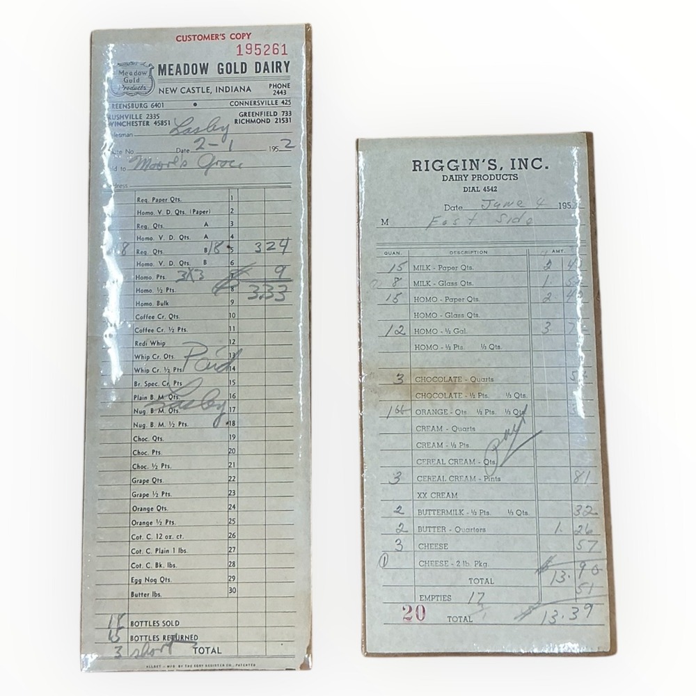 Meadow Gold Dairy 1952 Receipt and Riggins 1954‎ Invoice Indiana Ephemera